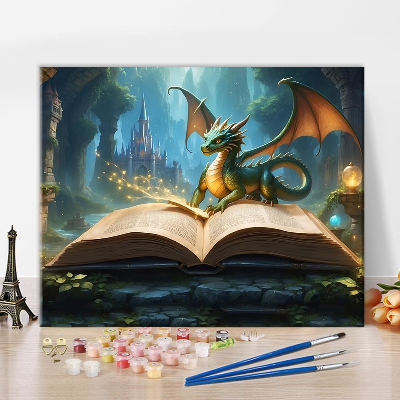 Paint by Numbers Kit for Adults – Mysterious Open Book & Dragon Canvas, Beginner Friendly, 16x20 inch, Oil Painting Style, Home Decor (Cute Dragon)